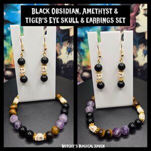 Gemstone Black Obsidian, Amethyst, Tiger's Eye Bracelet and Earrings Set